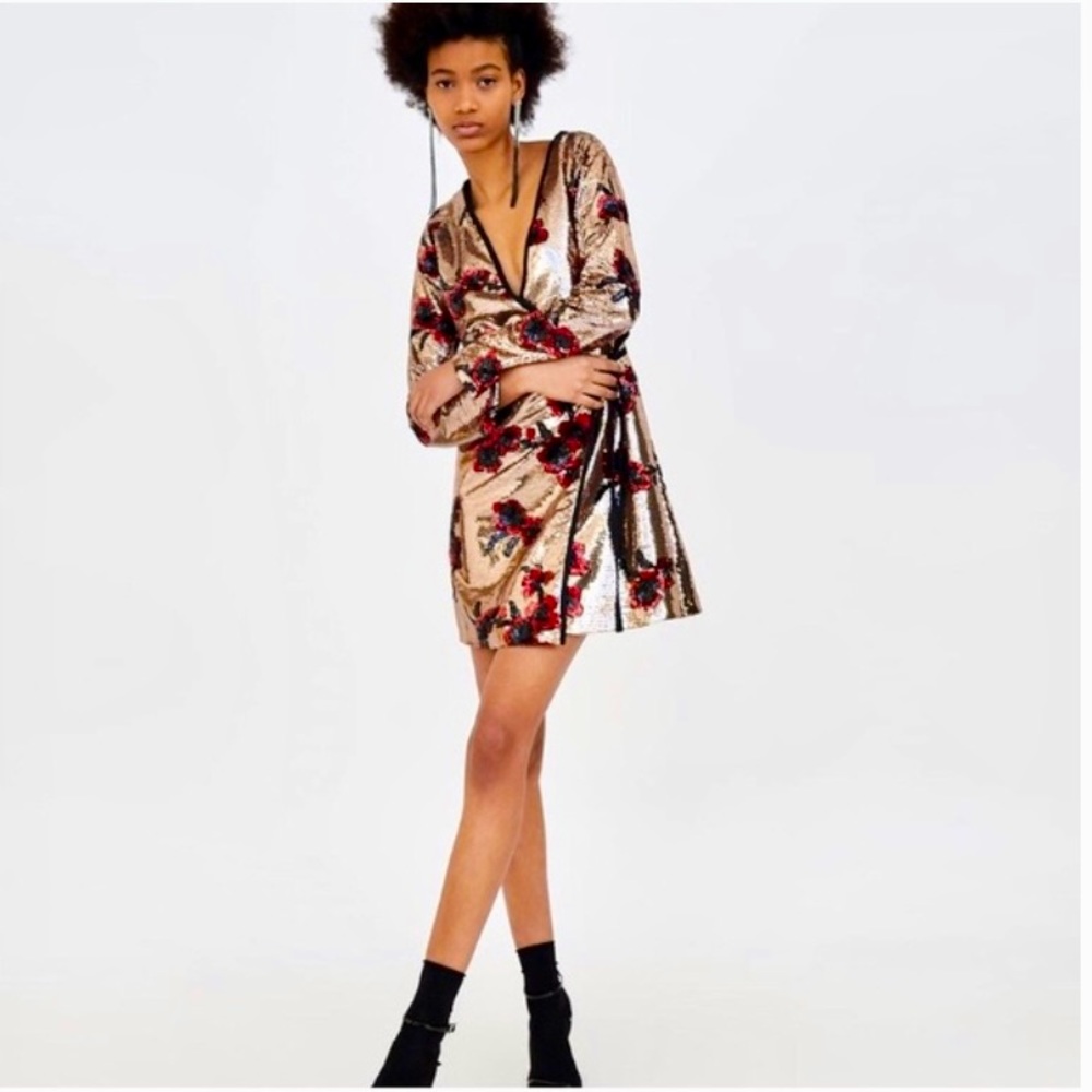 Zara’s “TRF Collection” Gold Sequence Wrap Dress